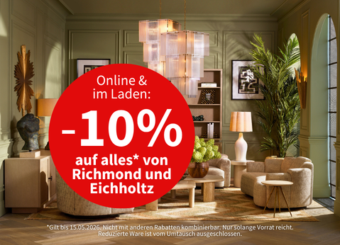 Stilvoll eingerichtetes Wohnzimmer mit Hinweis auf 10% Rabatt Aktion von STARK Home